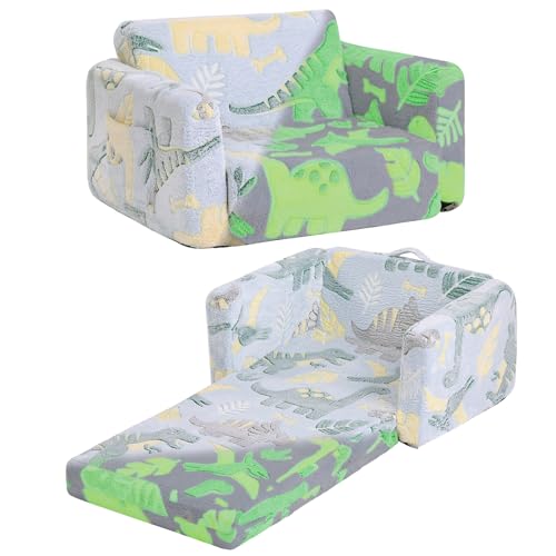 Tiita Kids Sofa, 2-in-1 Kid Sofa, Convertible Children Couch to Lounger, Flip Out Kids Chair, Glow in The Dark Toddler Armrest Chair Bed for Girl or Boy (Grey Dinosaur)
