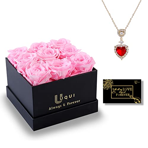 U Uqui Preserved Roses For Delivery Prime, Forever Roses In A Box Include Necklace, Fresh Flowers Real Rose Gifts For Her, Eternal Rose Long Lasting As Anniversary Birthday Flowers Gifts | Pink, 9 #TOP13