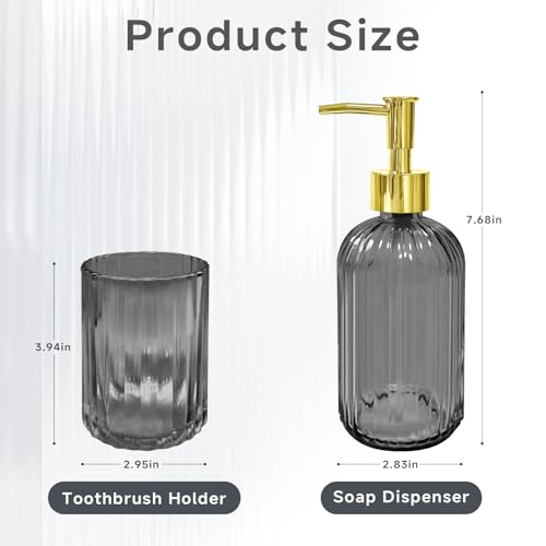 Seeatoo 2 PCS Grey Glass Bathroom Accessory Sets, Grey Bathroom Set, Soap Dispenser and Toothbrush Holder Set for Modern Bathroom Decor - Thumbnail 2