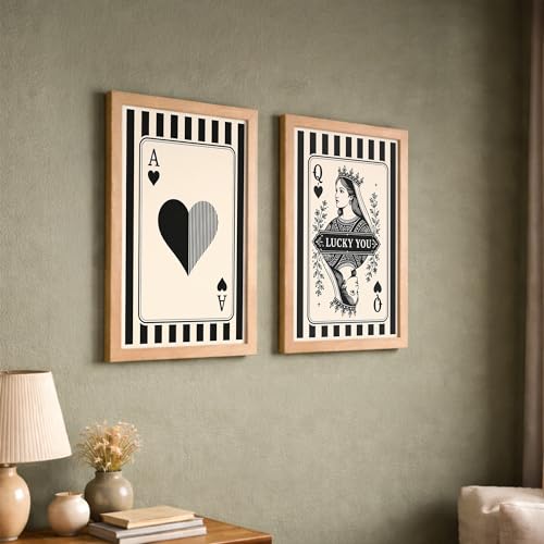 Image of NoWorries Ace & Queen of Hearts Playing Card Wall Art Set of 2, Black and White Casino Decor, Framed Poker Room Wall Decor, Minimalist Playing Card Prints, Modern Game Room Artwork for Living Room (Art-13, 17x25inch)