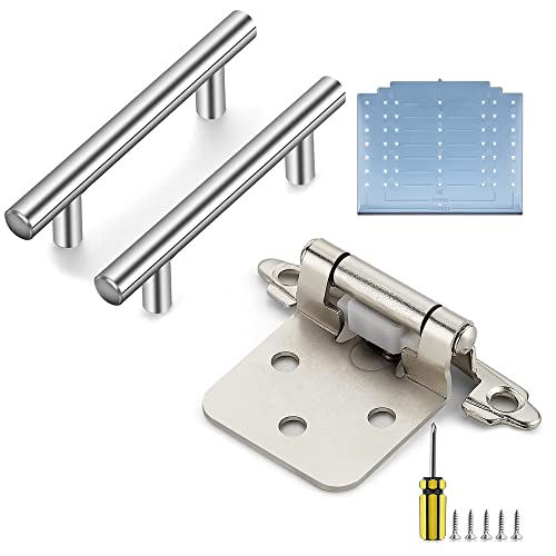 Ravinte 30 Pack 5" Brushed Nickel Kitchen Cabinet Pulls With Mounting Template& 50 Pack 25 Pairs 1/2 Inch Overlay Satin Nickel Semi-Concealed Cabinet Door Hinges With Door Bumpers, Screwdriver #TOP21