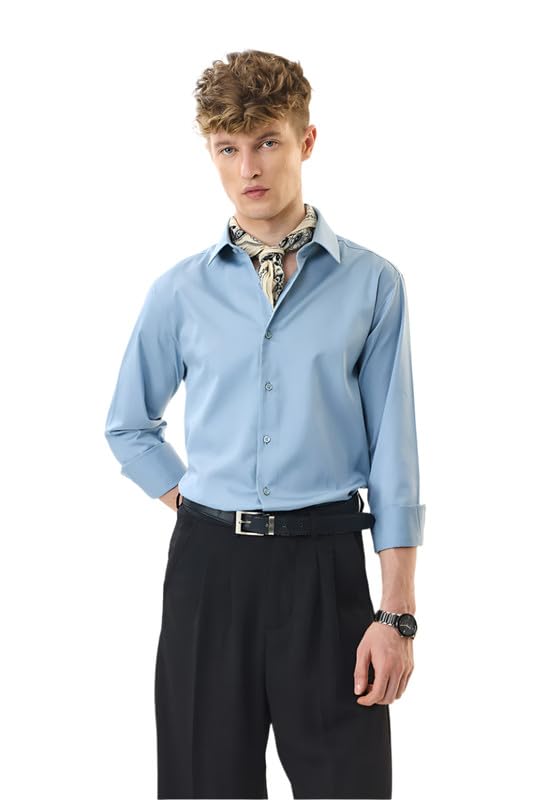 Image of SNITCH Men Formal Shirt | Slim Fit Full Sleeve Classic Collar Solid Pattern | Premium Cotton Blend & Breathable Fabric for Office