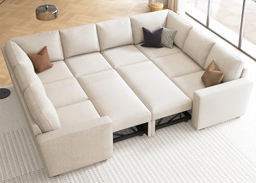 Image of HONBAY Sleeper Sectional Couch with Pull Out Bed, Modular Sofa with Storage Seats, U Shaped Sectional Couches for Living Room, Beige