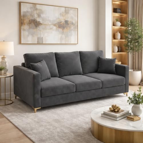 Image of Hayes Rich Velvet Suede 3 Seater Sofa | Golden Aesthetic Legs | Spacious Soft Touch Comfort Seating | Modern Luxe Sofa for Living Room (Dark Gray)