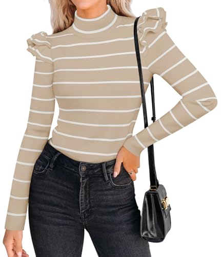 ZESICA Womens Striped Ruffle Long Sleeve Tops Fall Turtleneck Ribbed Knit Slim Fit Basic Shirt Casual Pullover Sweater