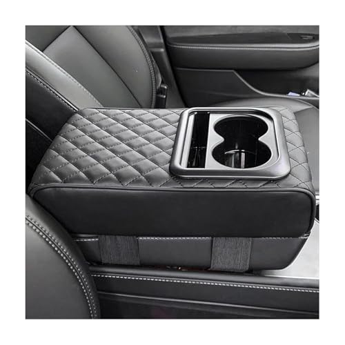 Image of Car Center Console Armrest Cushion with Drink Holder and Phone Holder, Memory Foam, Waterproof Leather, Diamond Pattern, Universal Fit, 35.56cm x 21.08cm