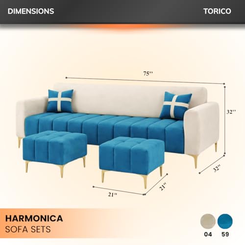 Image of Melody 3 Seater Modular L Shape Sofa Set with 2 Ottoman | Soft Velvet Upholstery, Sturdy Wooden Frame | Modern Sofa for Living Room, Hall & Office Spaces (Cream-Aqua Blue)