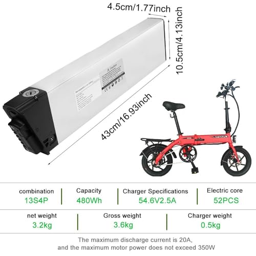 Image of 48V 10Ah Ebike Battery with Smart BMS & Safety Lock, 480Wh 13S4P 52-Cell Pack, Silver Aluminum - Powers 200W-350W Folding Electric Bikes, Compatible with SAMEBIKE KAISDA FIIDO M1 Pro (48V)