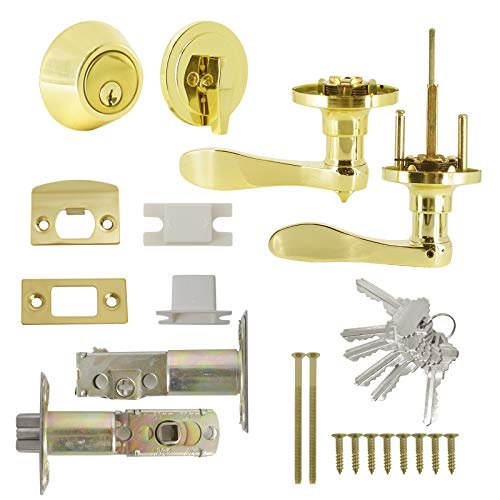 Keyed Alike Entry Door Lock With Single Cylinder Deadbolts Polished Brass,Entry Lever With Deadbolt Set,Wave Style Golden Door Lock Handle,Interior And Exterior Handleset Lock Set For Front/Back Door #TOP6