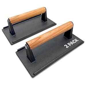 Cast Iron Grill Press (Set of 2) – 8 x 4 Inch, 2.6 lb Griddle Press with Cool-Touch Wood Handle – Pre-seasoned Meat Press for Steak, Burgers, Sandwiches, and Paninis – Non-Stick Bacon Press