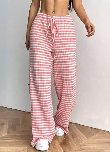 Image of Women's Casual Checkered Pants Drawstring Elastic Waist Comfy Loose Straight Wide Leg Plaid Pants with Pockets