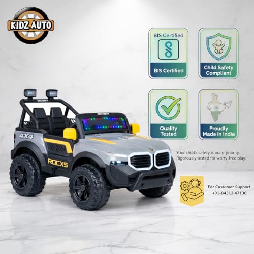Image of KAB J 777 Rechargeable Battery Operated Jeep for Kids |POBO-2026 |Electric Ride-On Toy with LED Lights,Music,RGB Windshield,Steering Function & Dual Control (Yellow)