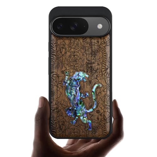 Carveit Madera Funda para Google Pixel 9 Compatible con MagSafe [Grabado en Madera e incrustación de mejillones] Magnética Cover para Pixel 9 Carcasa (Nogal-Un Tigre en Medio de Flores)