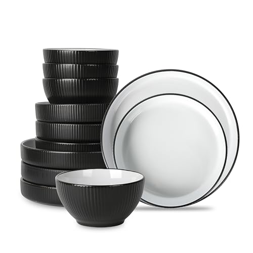 Image of Christian Siriano Larosso 12-Piece Stoneware Dinnerware Set with Dinner Bowls and Pasta Bowls, Plates and Bowls Set, Dish Set for 4, Black