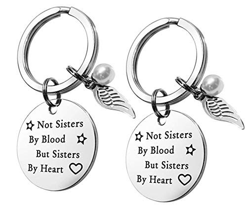 Best Friend Sister Keyring with Guardian Angel Pearl Pendant Not Sisters of Blood, but Sisters of Hearts Keyring Birthday Friend BFF Gift Pack of 2