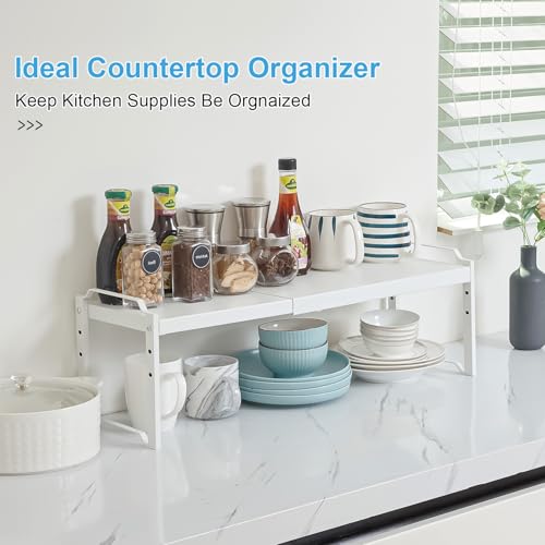 Image of 4 Pack Kitchen Cabinet Shelves Organizers, Kitchen Counter Storage Shelf Spice Rack, Expandable Length, Adjustable Height, Stackable, Sturdy 30LBS Bearing, Small Cupboard Tabletop Organizer Shelf Rack