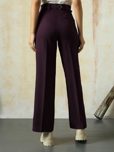 Image of High Star Women High Rise Solid Regular Length Wide Leg Casual Trousers