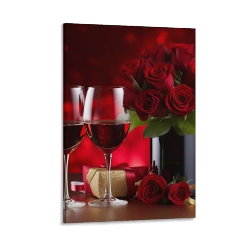 Toile murale pour salon et cuisine moderne décor vin et roses rouges avec cadre