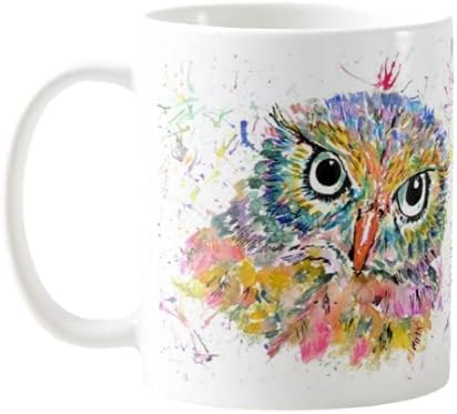 Vixar Owl Watercolour Rainbow Art Coloured Mug Cup, Gift, Birthday, Work, Office, Christmas Tea Coffee (White)