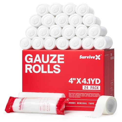 SurviveX - 4" Stretch Gauze Roll – Conforming Medical Bandage Wrap for Wound Care, First Aid, and Injury Dressing, 24 Count
