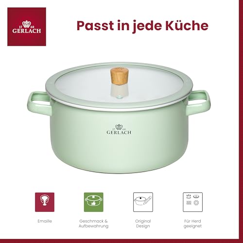 Foto von Gerlach 1760 Topf Kochtopf - 24 cm 5 L Emaille - Alle Herdarten - Deckel aus gehärtetem Glas - Pastellgrün Natur Enamel