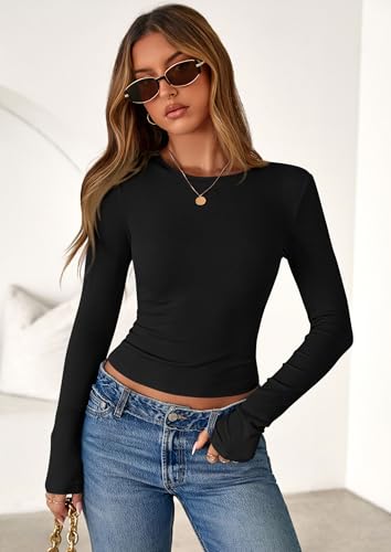 PRETTYGARDEN Women 2025 Fall Clothes Long Sleeve Shirts Ribbed Knit Fitted Basic Tee Going Out Tops Underscrub Casual Outfits2