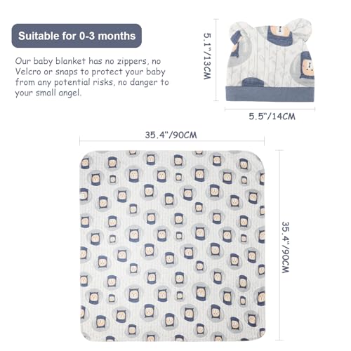 Image of DRESHOW BQUBO Cotton Baby Swaddle Hat Set Newborn Infant Receiving Blankets with Bear Ears Hat Wooden Birth Announcement Card Newborn Unisex Swaddle Wrap Sets Warm Shower Gift