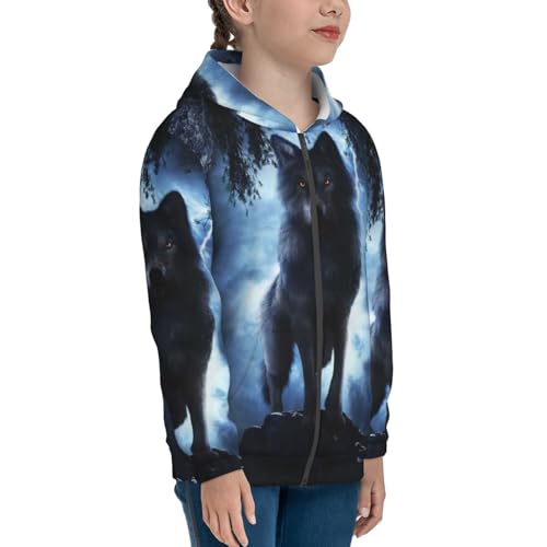 Night Scene of Wolves Kids Pullover Hoodies Boys Zip Up Sweatshirts Girls Athletic Clothes with Pocket4