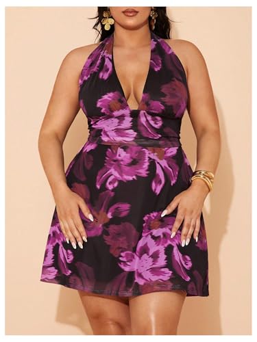 Women's Plus Size Floral Halter Mini Dress Tie Backless Sleeveless A Line Flared Dresses3