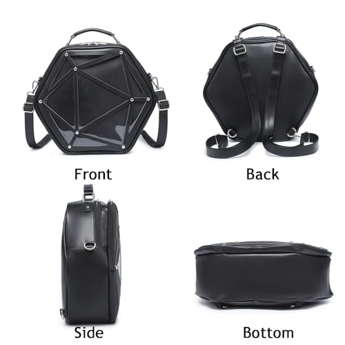 Image of Hexagonal PU Ita Backpack, Clear Pin Window Crossbody Purse for Anime Fans | Convertible Straps, Ample Room For Comic Meets & Daily Trips
