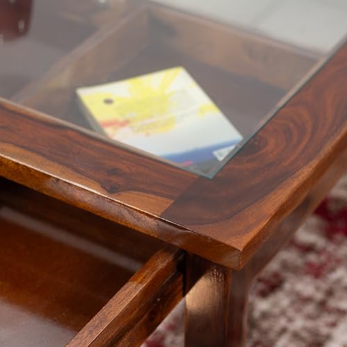 Image of Solid Sheesham Wood Coffee Table for Living Room | Center Table with Clear Glass Top and Large Storage Drawer | Premium Wooden Teapoy | Honey Finish | Fully Assembled | (70 x 70 x 46 CM)