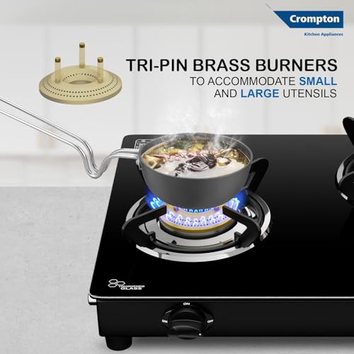 Image of Crompton FlameStar Max 3 Burner Glass Top LPG Gas Stove | 1 Jumbo & 2 Medium Brass Burner | Max Space | Easy Cleaning | Toughened Glass| Tri Pin Brass Burners |2 Year Manufacturer's Warranty