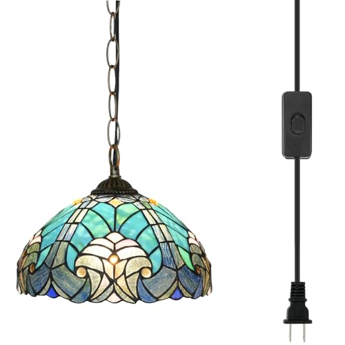 Blivuself Lámparas colgantes Tiffany Lámpara colgante de cristal tintado verde de 12 pulgadas, estilo vintage, para decoración del hogar, isla de cocina, comedor, pasillo, barra