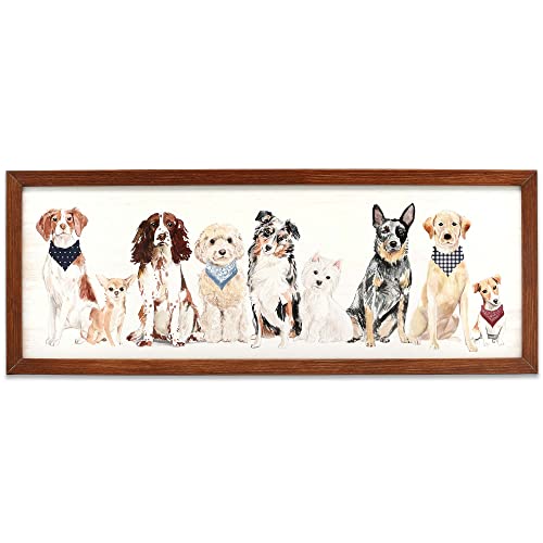 Image of Dogs in a Row Framed Wood Wall Decor - Adorable Dog Wall Art for Living Room, Bedroom or Hallway
