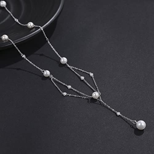 KINGWHYTE Pearl Necklaces for Women 925 Sterling Silver Y-Shaped Pendant Necklace Trendy Beaded Chain Wedding Dainty Pearl Strand Jewelry Gifts for Her4