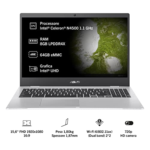 ASUS Chromebook CX1 CX1500CKA Notebook da 156equot AntiGlare Intel Celeron N4500 RAM 8GB 64GB eMMC Intel UHD Graphics 600 ChromeOS Argento