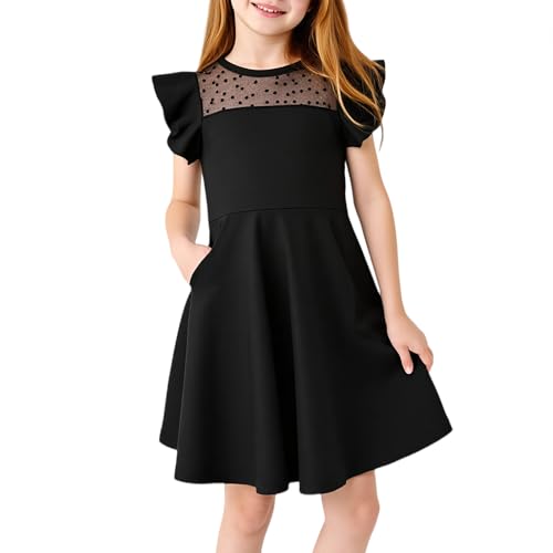 Little Bitty Girls Dress Summer Wedding Guest Ruffle Sleeve Mesh A Line Casual Skater Party Dresses with Pockets 3-8 Years