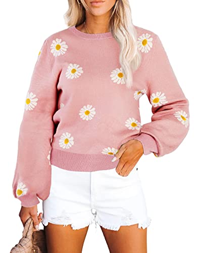Dellytop Women's Daisy Knit Sweaters Crewneck Long Balloon Sleeve Casual Loose Solid Pullover Jumper Tops Pink #TOP13