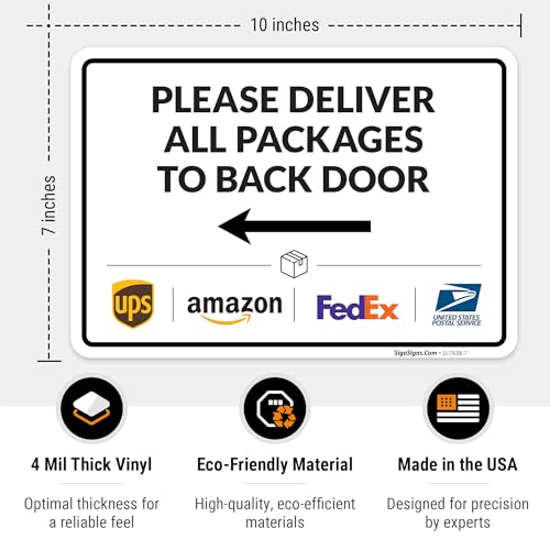 Image of Package Delivery Sign, Delivery Instructions Deliver All Package to Back Door Left Arrow Sign, 10x7 Inches, 4 Mil Vinyl Decal Stickers Weather Resistant, Made in USA