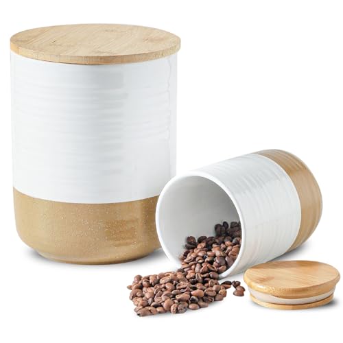 HASENSE Ceramic Kitchen Canisters with Bamboo Lids – 80oz & 24oz Storage Jars Set – 7.5" + 5.9" Airtight Pantry Containers for Tea, Coffee, Flour, Snacks – Modern Minimalist Design 2-Pack White