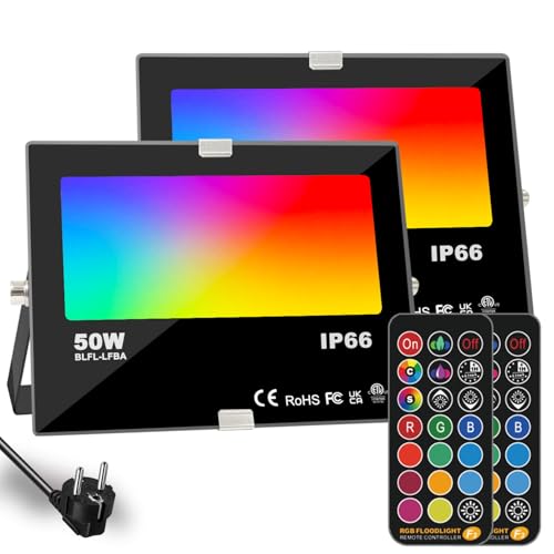 Foco LED RGB Exterior, cambio de color 50W, modo estroboscópico personalizado para bricolaje, RGB 12 colores, temporización, control remoto incluido, IP66 a prueba de agua