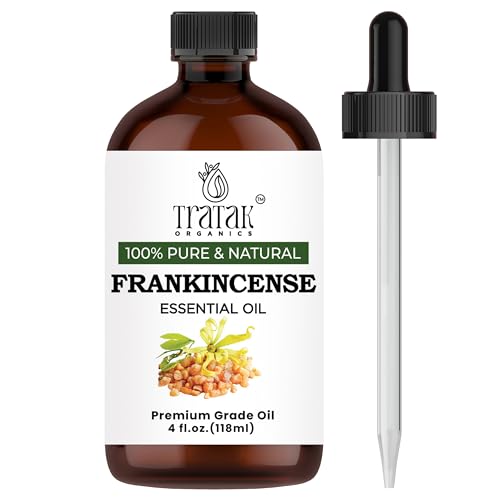 TRATAK ORGANICS Frankincense Essential Oil 4 FL OZ – 100% Pure Oil with Glass Dropper, Therapeutic Grade for Aromatherapy, Diffuser, Skin Care & Massage, Meditation, DIY Candles & Soap Making