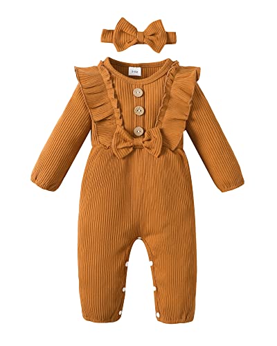Image of Mioglrie Newborn Baby Girl Clothes 1 Piece Infant Fall Winter Romper Outfit | Coming Home Outfit Girl,Ruffle One Piece Jumpsuit,Long Sleeve Romper Bodysuit,Matching Headband,Baby Essentials Must Haves
