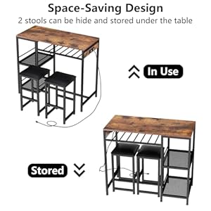 Bar Table and Chairs Set with Power Outlet, Pub Table and Chairs Set for 2 with 2 Storage Shelves, 3 Piece Table Set with Wine Rack&Glass Holder for Living Room,Dining Room,Small Apt (Rustic) Bar Table and Chairs Set with Power Outlet Pub Table and Chairs Set for 2 with 2 Storage Shelves 3 Piece Table Set with Wine RackGlass Holder for Living RoomDining RoomSmall Apt Rustic