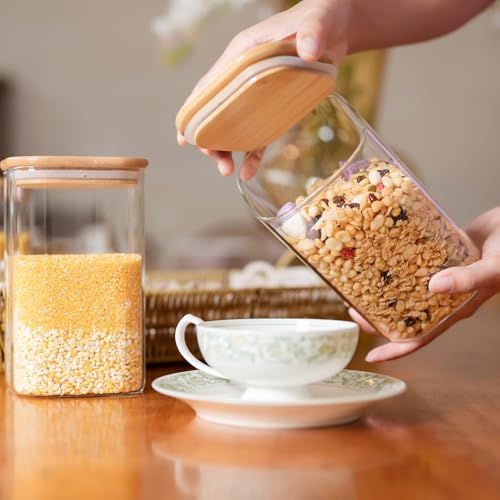 Image of Square Glass Food Storage Containers with Airtight Bamboo Lid, 1200 ml Thickened Coffee Storage Jars for Home Kitchen, Pantry, Spices, Snack set of 6(6, SQUARE BAMBOO LID GLASS JAR 1200 ml -)