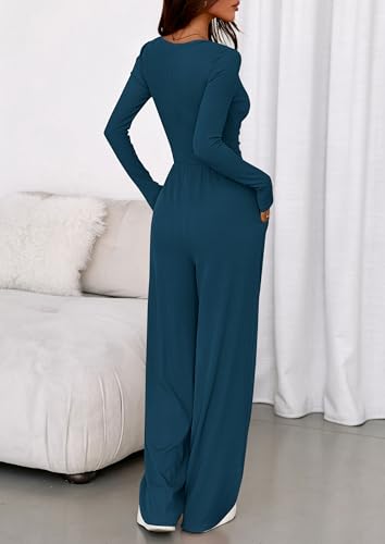PRETTYGARDEN Jumpsuits for Women Dressy Casual 2026 Fall One Piece Outfits Long Sleeve Wide Leg Pants Romper Fashion Clothing (Lake Blue,Large) — view 4