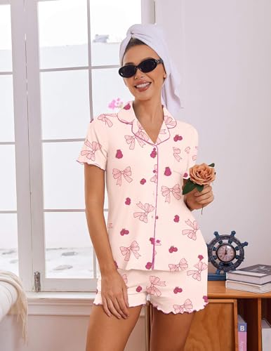Image of Ekouaer Viscose from Bamboo Women Pajama Sets Button Up Cooling Pjs Short Sleeve Ruffle Sleepwear 2 Piece Lounge Shorts Set