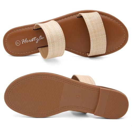 Image of Herstyle Flat Sandals for Women, Double Strap Slide Sandals, Open Toe Slip On, Comfortable Cushioned Footbed Casual Summer Shoes for Daily Wear, Beach, Vacation, Clear Options