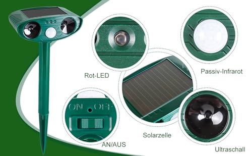 Solarbetriebener Katzenschreck für garten testsieger, Hofeny Marderschreck Ultraschall, 8m Reichweite, Tiervertreiber mit einem Bewegungsmelder, Maulwurf Vertreiber wirksam gegen Katzen, Marder, Vögel