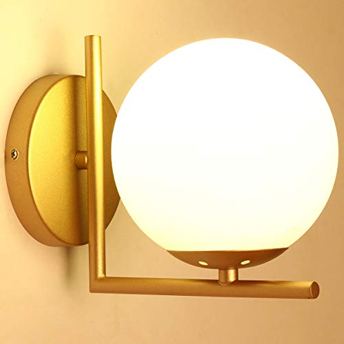 Jagez Wall Sconce Lighting, White Glass Globe, Gold Wall Lamp, Mid-Century Modern Style, Light Fixture For Bedroom, Living Room, Bathroom, Hallway, Entryway #TOP1